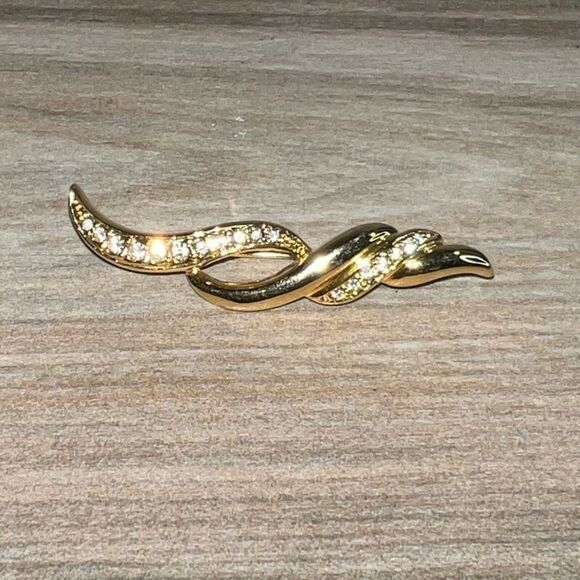 Vintage Wavy Rhinestone Brooch Women’s Gold Tone Retro Bar Mid Century Modern - Picture 1 of 8
